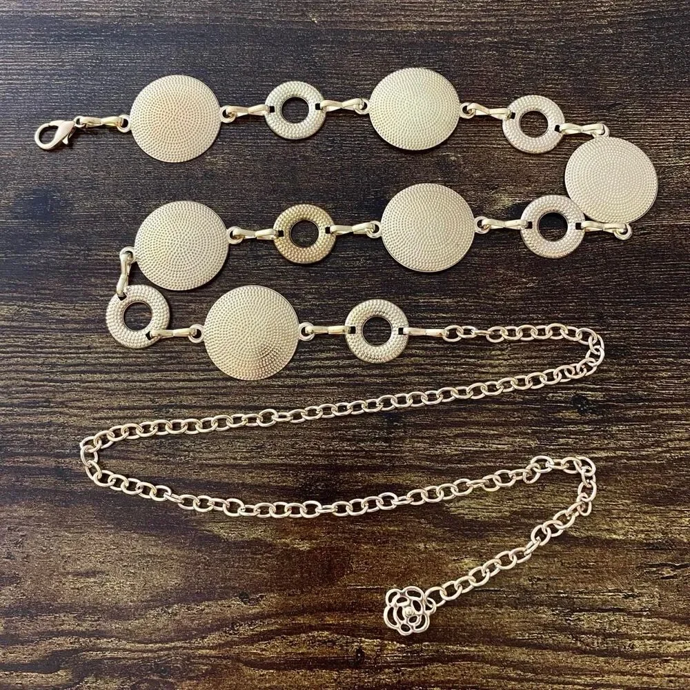 Gold Y2K Textured Disc Open Ring Waist Chain Belt, Fits 24-42 Inches, X7GA1359